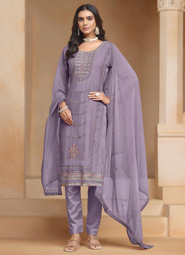 Organza Chiffon Lavender Traditional Wear Embroidery Work Straight Suit